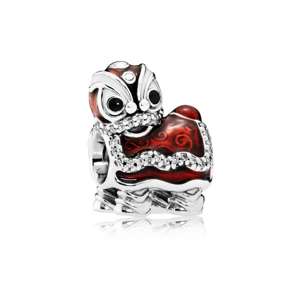 Lion Dance Sterling Silver Charm with Clear Cubic Zirconia, White, Black and Red Enamel $599